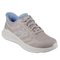 The Skechers Womens Slip Ins Go Walk Now Khloe Taupe Blue is a light gray sneaker with a white textured sole, light blue lining and laces, mesh upper, Air-Cooled Goga Mat insole, and stylized S logo on the side.