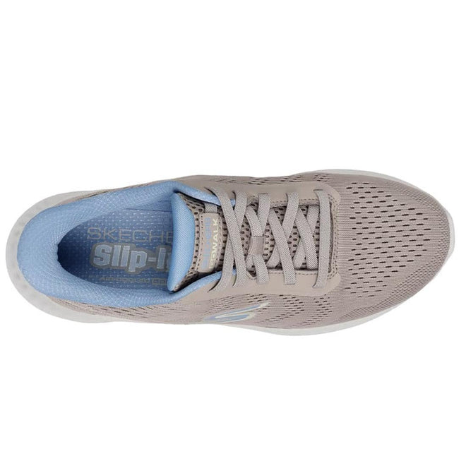Top view of Skechers Womens Slip Ins Go Walk Now Khloe in Taupe Blue, featuring blue lining, ventilated mesh upper, Hands Free Slip-ins insole branding, and Air-Cooled Goga Mat comfort technology., 198376872090, 198376872113, 198376872137, 198376872151, 198376872175, 198376872199