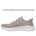 The Skechers Womens Slip Ins Go Walk Now Khloe Taupe Blue is a beige athletic shoe with a thick, off-white sole and blue accents. Features Hands Free Slip-ins and Air-Cooled Goga Mat comfort. Sole appears more beige/off white/grey than in pictures., 198376872090, 198376872113, 198376872137, 198376872151, 198376872175, 198376872199