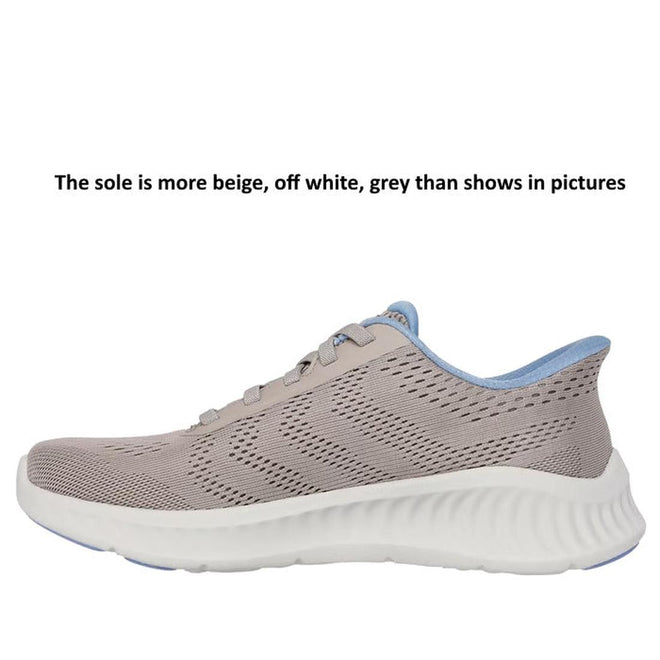The Skechers Womens Slip Ins Go Walk Now Khloe Taupe Blue is a beige athletic shoe with a thick, off-white sole and blue accents. Features Hands Free Slip-ins and Air-Cooled Goga Mat comfort. Sole appears more beige/off white/grey than in pictures., 198376872090, 198376872113, 198376872137, 198376872151, 198376872175, 198376872199