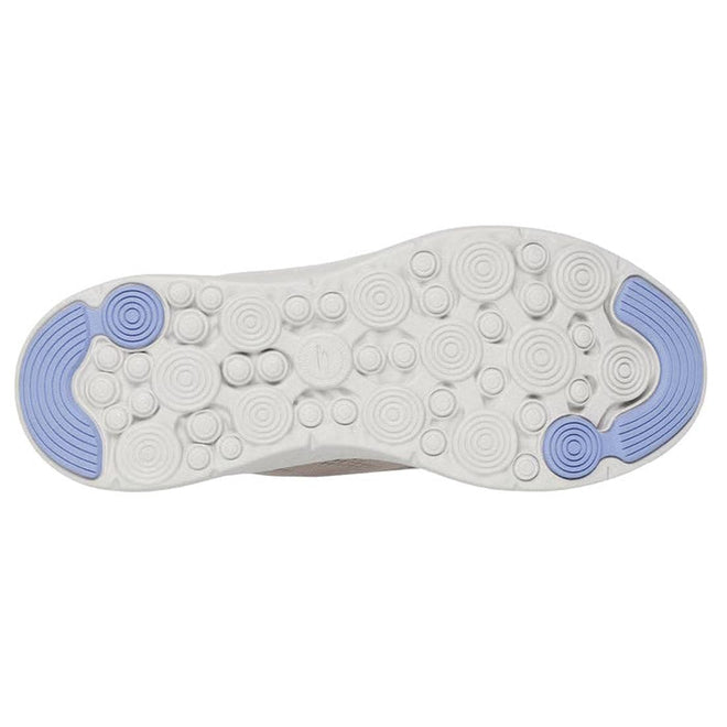 The image shows the sole of the Skechers Womens Slip Ins Go Walk Now Khloe Taupe Blue, featuring a white base with circular patterns and light blue rubber on the toe and heel for traction., 198376872090, 198376872113, 198376872137, 198376872151, 198376872175, 198376872199