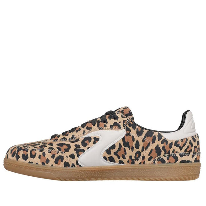 The Skechers Womens HotShot On The Prowl Leopard Suede Sneaker features a low-top animal print design with tan and black leopard spots, white accents, Air-Cooled Memory Foam cushioning, and a light brown gum sole, shown in left side profile., 52252, 199025014359, 199025014373, 199025014380, 199025014397, 199025014410, 52257
