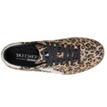 Top view of the Skechers Womens HotShot On The Prowl Leopard Suede Sneaker, featuring a leopard print, black laces, and a black insole with Skechers logo and Air-Cooled Memory Foam branding., 52252, 199025014359, 199025014373, 199025014380, 199025014397, 199025014410, 52257