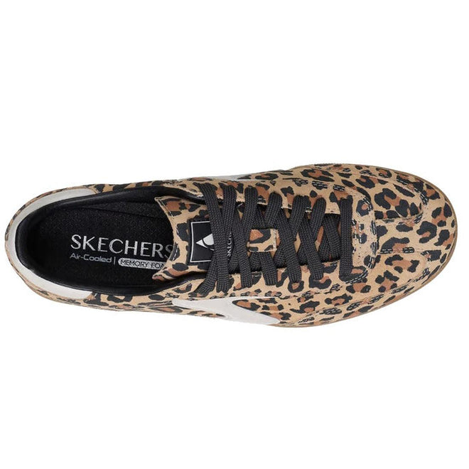 Top view of the Skechers Womens HotShot On The Prowl Leopard Suede Sneaker, featuring a leopard print, black laces, and a black insole with Skechers logo and Air-Cooled Memory Foam branding., 52252, 199025014359, 199025014373, 199025014380, 199025014397, 199025014410, 52257