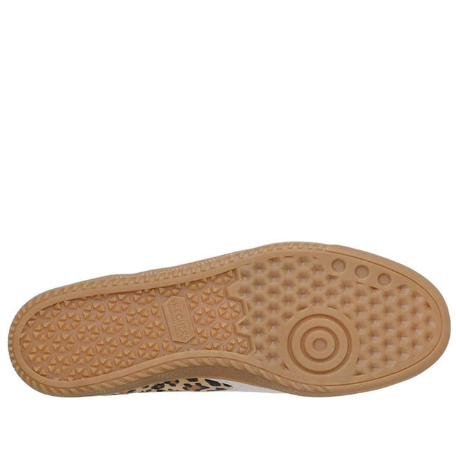 The image shows the sole of the Skechers Womens HotShot On The Prowl Leopard Suede Sneaker, featuring a tan rubber base with grip-enhancing textures. Leopard print suede is visible at the edges, highlighting its bold animal-inspired design., 52252, 199025014359, 199025014373, 199025014380, 199025014397, 199025014410, 52257