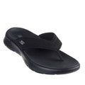 Black flip flop sandal with a strap on a white background,