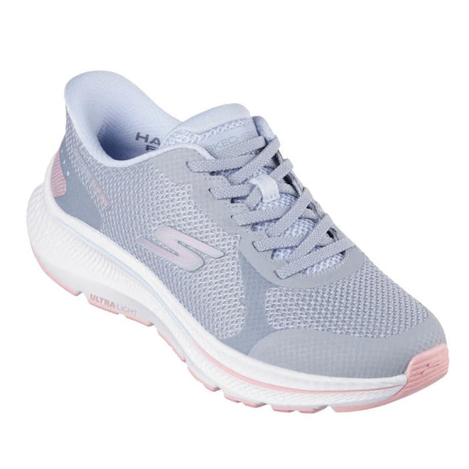 Light blue Skechers slip on walking running shoe with pink accents on a white background, Right foot front side view,
198376843083,
198376843090,
198376843106,
198376843113,
198376843137,
198376843144,