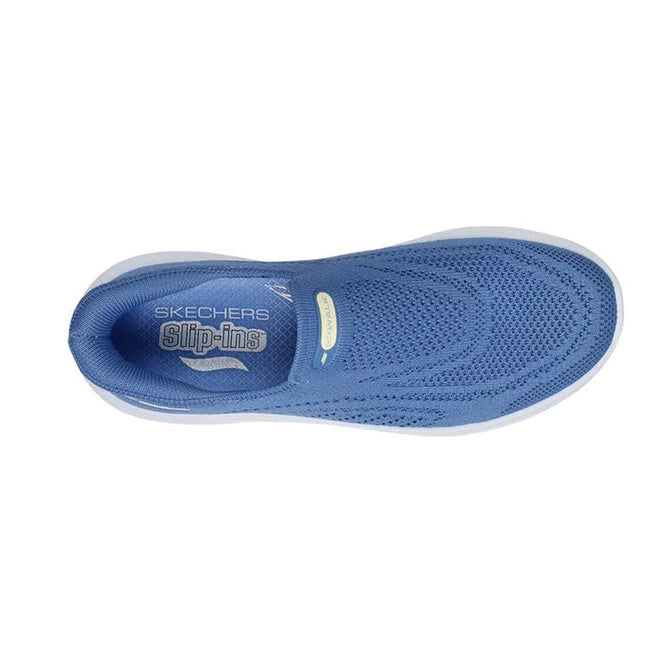 Top view of the Skechers Womens Slip In Go Walk Arch Fit N-Joy Arianne Blue slip-on walking shoe with a mesh upper, white sole, and Skechers Slip-ins branding on the insole., 50456, 50457, 199025434881, 50459, 199025434904, 50461, 199025434928, 50463, 199025434942, 50465