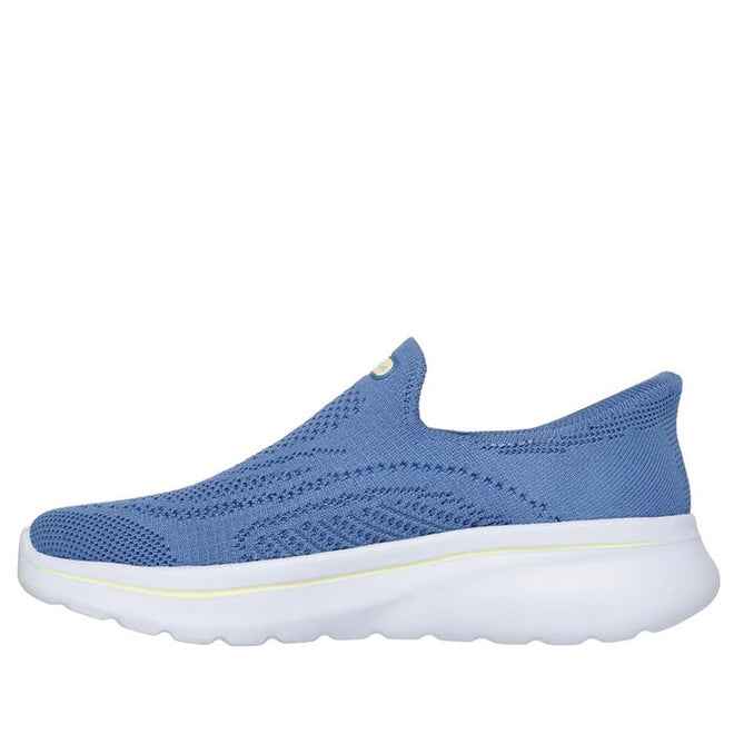 The Skechers Womens Slip In Go Walk Arch Fit N-Joy Arianne Blue is a blue slip-on walking shoe with a breathable mesh upper, white cushioned sole, and subtle white/yellow midsole accents—stylish vegan sneakers for women, shown from the side., 50456, 50457, 199025434881, 50459, 199025434904, 50461, 199025434928, 50463, 199025434942, 50465