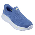 The Skechers Womens Slip In Go Walk Arch Fit N-Joy Arianne Blue is a vegan slip-on walking shoe with a breathable mesh upper, white cushioned sole, and yellow accents. Its seamless design offers comfort and style, perfect for practical everyday wear.