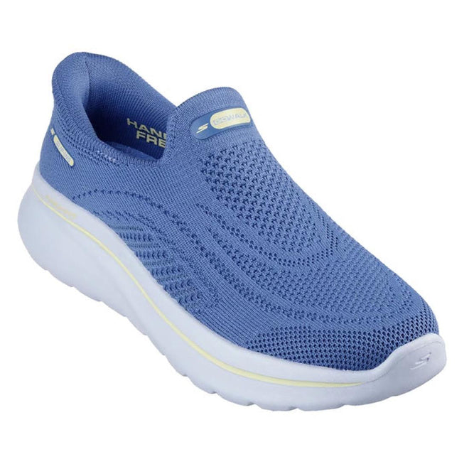 The Skechers Womens Slip In Go Walk Arch Fit N-Joy Arianne Blue is a vegan slip-on walking shoe with a breathable mesh upper, white cushioned sole, and yellow accents. Its seamless design offers comfort and style, perfect for practical everyday wear.
