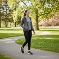A woman in athletic wear walks through a sunlit, green park, enjoying the comfort of her Skechers Womens Slip-ins Ultra Flex 3.0 - Diamond Dreamer Black Rose Gold shoes., 198376571917, 198376571931, 198376571948, 198376571955, 198376571962, 198376571979, 198376571986, 198376571993, 198376572006