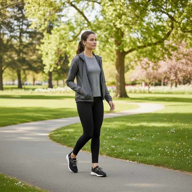 A woman in athletic wear walks through a sunlit, green park, enjoying the comfort of her Skechers Womens Slip-ins Ultra Flex 3.0 - Diamond Dreamer Black Rose Gold shoes., 198376571917, 198376571931, 198376571948, 198376571955, 198376571962, 198376571979, 198376571986, 198376571993, 198376572006
