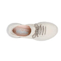Top view of a white Skechers Womens Slip-ins Ultra Flex 3.0 - Diamond Dreamer Natural Gold athletic shoe with mesh fabric, gray patterned laces, and a visible Air-Cooled Memory Foam insole featuring Skechers and Slip-ins branding., 198376643225, 50148, 198376643249, 50150, 198376643263, 50152, 50153, 50154
