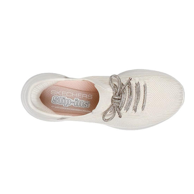 Top view of a white Skechers Womens Slip-ins Ultra Flex 3.0 - Diamond Dreamer Natural Gold athletic shoe with mesh fabric, gray patterned laces, and a visible Air-Cooled Memory Foam insole featuring Skechers and Slip-ins branding., 198376643225, 50148, 198376643249, 50150, 198376643263, 50152, 50153, 50154