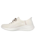 A side view of the Skechers Womens Slip-ins Ultra Flex 3.0 - Diamond Dreamer Natural Gold, showcasing a textured knit upper, decorative laces, thick curved sole, Hands Free Slip-ins design, Air-Cooled Memory Foam, and branding near the heel., 198376643225, 50148, 198376643249, 50150, 198376643263, 50152, 50153, 50154