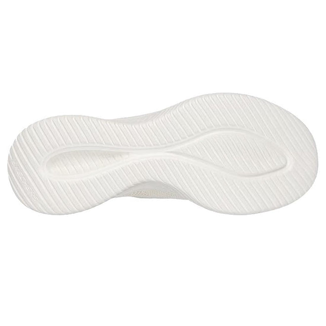 White textured sole with a wavy, grooved tread and curved central design for grip and flexibility, shown on Skechers Womens Slip-ins Ultra Flex 3.0 - Diamond Dreamer Natural Gold with Air-Cooled Memory Foam, viewed from the bottom against a plain background., 198376643225, 50148, 198376643249, 50150, 198376643263, 50152, 50153, 50154