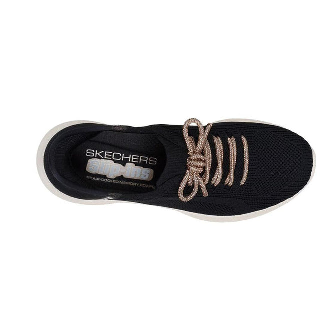 Top view of the Skechers Womens Slip-ins Ultra Flex 3.0 - Diamond Dreamer Black Rose Gold, featuring beige laces, a mesh upper, Air-Cooled Memory Foam insole, and a white sole for comfort., 198376571917, 198376571931, 198376571948, 198376571955, 198376571962, 198376571979, 198376571986, 198376571993, 198376572006