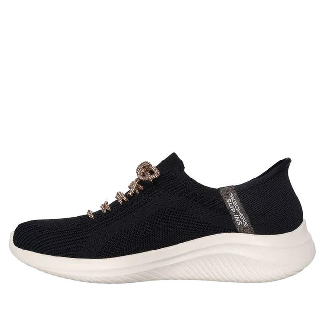 The Skechers Womens Slip-ins Ultra Flex 3.0 - Diamond Dreamer Black Rose Gold features a breathable mesh upper, white textured sole, light brown laces, Air-Cooled Memory Foam for comfort, and heel tab text., 198376571917, 198376571931, 198376571948, 198376571955, 198376571962, 198376571979, 198376571986, 198376571993, 198376572006