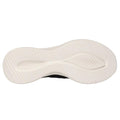 The image shows the white rubber outsole of the Skechers Womens Slip-ins Ultra Flex 3.0 - Diamond Dreamer Black Rose Gold, featuring a wavy tread with horizontal lines and smooth curved grooves for traction., 198376571917, 198376571931, 198376571948, 198376571955, 198376571962, 198376571979, 198376571986, 198376571993, 198376572006