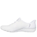 A side view of the Skechers Breathe Easy Knitty Waves SLIP IN in white, showcasing a textured sole, mesh upper, and slip-in design. Air-Cooled Memory Foam ensures comfort. Lightweight and breathable—perfect for sports or casual wear., 198739188073, 198739188097, 198739188110, 49282, 49283
