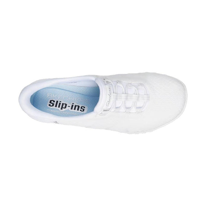 Top view of a white Skechers Breathe Easy Knitty Waves SLIP IN sneaker with Stretch Fit design, light blue Air-Cooled Memory Foam insole, and elastic no-tie laces on a white background., 198739188073, 198739188097, 198739188110, 49282, 49283