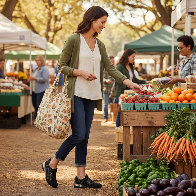 At an outdoor farmers market, a woman selects fresh strawberries while wearing Skechers Womens Breathe Easy Exhilarate Lumina Slip In Black Trainers and carrying a reusable tote, surrounded by fruits and vegetables beneath green and white canopies., 197976980204, 197976980228, 197976980242, 197976980266, 197976980280, 197976980297