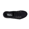 Top view of the Skechers Womens Breathe Easy Exhilarate Lumina Slip In Black Trainer, featuring white stitching, elastic laces, and Air-Cooled Memory Foam branding on the insole., 197976980204, 197976980228, 197976980242, 197976980266, 197976980280, 197976980297