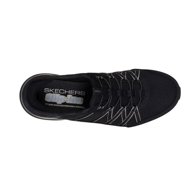Top view of the Skechers Womens Breathe Easy Exhilarate Lumina Slip In Black Trainer, featuring white stitching, elastic laces, and Air-Cooled Memory Foam branding on the insole., 197976980204, 197976980228, 197976980242, 197976980266, 197976980280, 197976980297