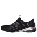 The Skechers Womens Breathe Easy Exhilarate Lumina Slip In Black Trainer features a black mesh upper, white diagonal stripe accents, metallic silver heel, Air-Cooled Memory Foam comfort, low profile lace-up design, and a textured black sole., 197976980204, 197976980228, 197976980242, 197976980266, 197976980280, 197976980297