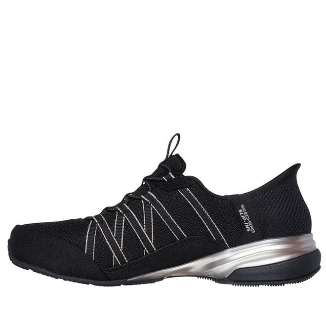 The Skechers Womens Breathe Easy Exhilarate Lumina Slip In Black Trainer features a black mesh upper, white diagonal stripe accents, metallic silver heel, Air-Cooled Memory Foam comfort, low profile lace-up design, and a textured black sole., 197976980204, 197976980228, 197976980242, 197976980266, 197976980280, 197976980297