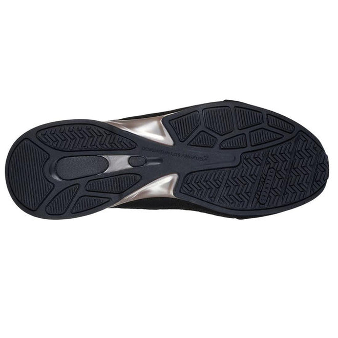 Outsole of the Skechers Womens Breathe Easy Exhilarate Lumina Slip In Black Trainer seen from below, showing textured tread for grip and support, a slightly raised central area, and "Hands Free Slip-ins" branding near the toe., 197976980204, 197976980228, 197976980242, 197976980266, 197976980280, 197976980297