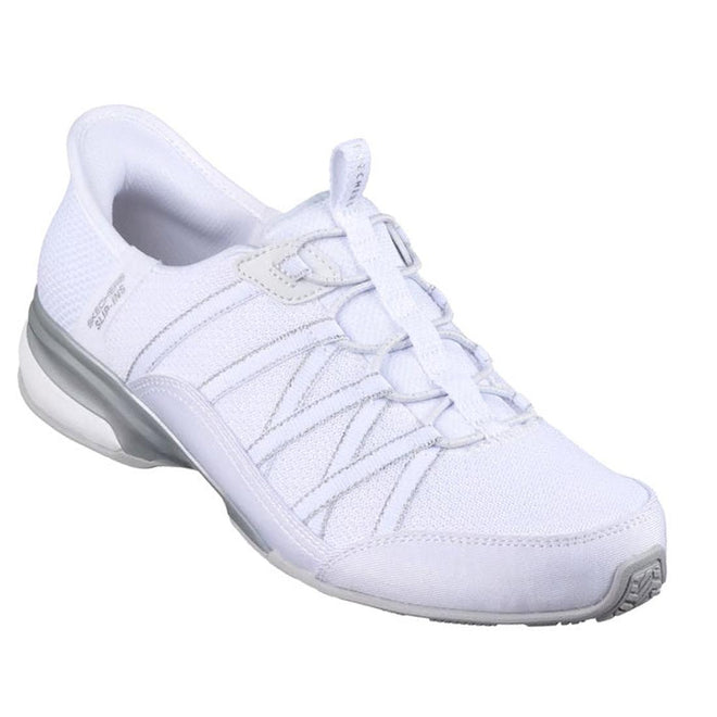 A single Skechers Womens Breathe Easy Exhilarate Lumina Slip-In white sneaker featuring a mesh upper, silver accents, Air-Cooled Memory Foam cushioning, and elastic no-tie laces is shown angled to display the side, front, and top views.