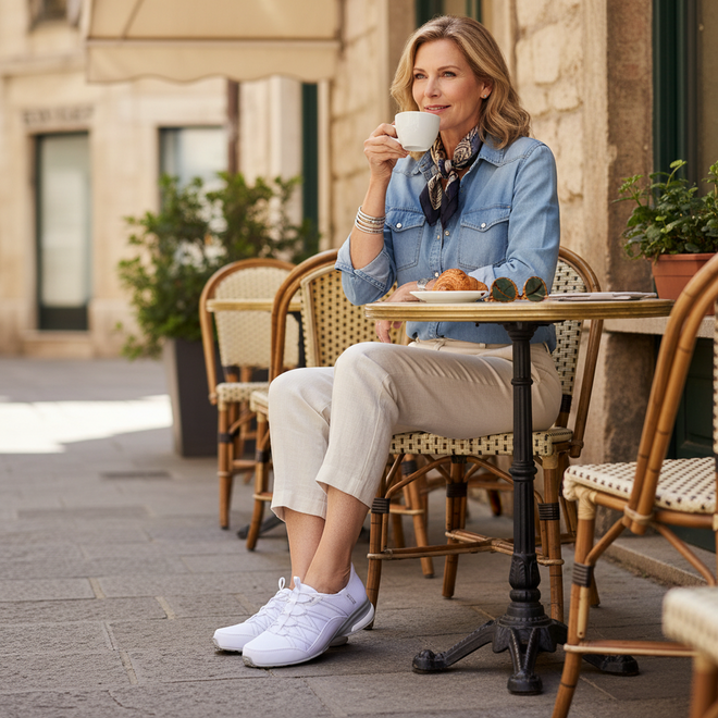 A woman enjoys coffee at an outdoor café, smiling in a light denim shirt and beige pants. On her feet: Skechers Womens Breathe Easy Exhilarate Lumina Slip In White Sneakers with Air-Cooled Memory Foam, adding comfort to the stylish setting., 199252473776, 199252473790, 199252473813, 199252473837, 50566