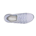 Top view of the Skechers Womens Breathe Easy Exhilarate Lumina Slip In White Sneaker with a mesh upper, visible stitching, elastic laces, Air-Cooled Memory Foam comfort, and Skechers Slip-ins branding on the silver insole., 199252473776, 199252473790, 199252473813, 199252473837, 50566