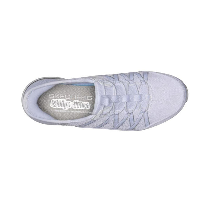 Top view of the Skechers Womens Breathe Easy Exhilarate Lumina Slip In White Sneaker with a mesh upper, visible stitching, elastic laces, Air-Cooled Memory Foam comfort, and Skechers Slip-ins branding on the silver insole., 199252473776, 199252473790, 199252473813, 199252473837, 50566