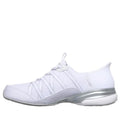 The Skechers Womens Breathe Easy Exhilarate Lumina Slip In White Sneaker is a low-profile, lightweight athletic shoe with white laces, mesh upper, silver midsole accents, and an Air-Cooled Memory Foam insole, shown in a side view on a white background., 199252473776, 199252473790, 199252473813, 199252473837, 50566