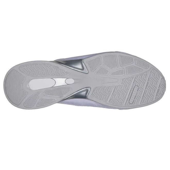 The image shows the outsole of a white Skechers Womens Breathe Easy Exhilarate Lumina Slip In sneaker, featuring varied textured patterns with wavy, zigzag, and linear grooves designed for traction and grip., 199252473776, 199252473790, 199252473813, 199252473837, 50566