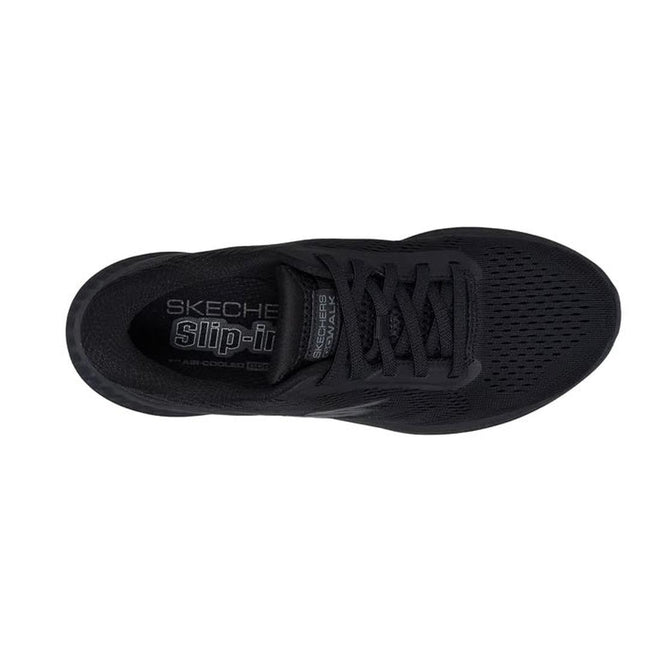 Top view of a black Skechers Womens Slip Ins Go Walk Now Khloe sneaker with black laces, mesh upper, Skechers Slip-Ins branding on insole and tongue, and ULTRA LIGHT cushioning for all-day comfort., 49289, 198376580186, 198376580209, 198376580223, 198376580247, 49294
