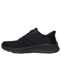 A side view of the Skechers Womens Slip Ins Go Walk Now Khloe Black sneaker with a mesh upper, black laces, and a textured black sole with ULTRA LIGHT cushioning, shown isolated on a white background., 49289, 198376580186, 198376580209, 198376580223, 198376580247, 49294