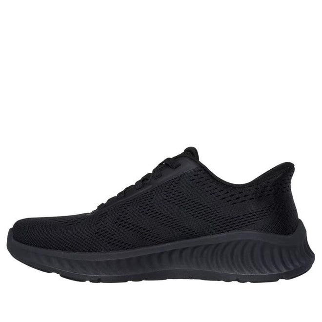 A side view of the Skechers Womens Slip Ins Go Walk Now Khloe Black sneaker with a mesh upper, black laces, and a textured black sole with ULTRA LIGHT cushioning, shown isolated on a white background., 49289, 198376580186, 198376580209, 198376580223, 198376580247, 49294
