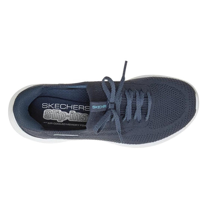 Top view of the Skechers Womens Slip Ins Ultra Flex 4.0 Trainer in navy with laces, an Ultra Stretch Fit mesh upper, white sole, and Skechers Slip-ins Air-Cooled Memory Foam insole for lasting comfort., 52223, 52224, 199025951692, 52226, 1990259517157, 52228, 199025951739, 52230, 199025951753, 52232