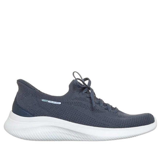 The Skechers Womens Slip Ins Ultra Flex 4.0 Trainer in navy features an Ultra Stretch Fit mesh upper, a thick white textured sole, and Air-Cooled Memory Foam, shown in side profile against a plain white background., 52223, 52224, 199025951692, 52226, 1990259517157, 52228, 199025951739, 52230, 199025951753, 52232
