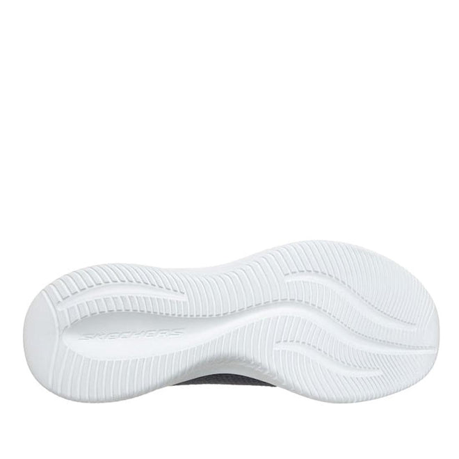 The image shows the white, textured outsole of the Skechers Womens Slip Ins Ultra Flex 4.0 Trainer Navy, with curved grooves and the Skechers logo embossed near the heel., 52223, 52224, 199025951692, 52226, 1990259517157, 52228, 199025951739, 52230, 199025951753, 52232