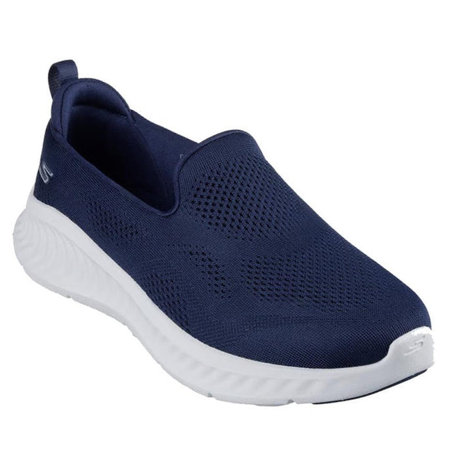 Navy slip-on shoe with white sole on a white background