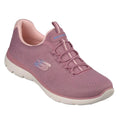 The Skechers Womens Summits Bungee Slip On Trainer - Radiant Flow Dark Rose features a mauve pink mesh upper, elastic laces, memory foam insole, white sole, subtle “S” side logo, and light pink inner lining.