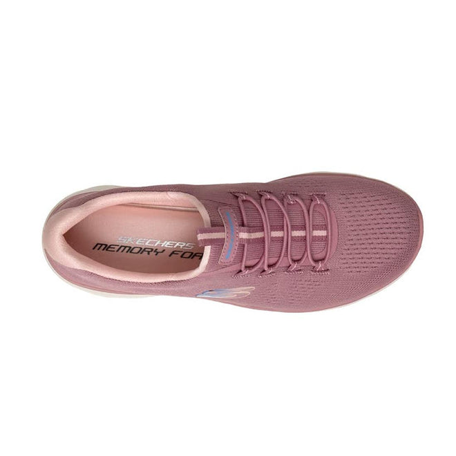 Top view of the Skechers Womens Summits Bungee Slip On Trainer - Radiant Flow Dark Rose, featuring a mauve mesh upper, elastic laces, and a memory foam insole with Skechers Memory Foam branding., 50182, 50183, 199025685801, 50185, 199025685825, 50187, 199025685849, 50189, 50190, 50191