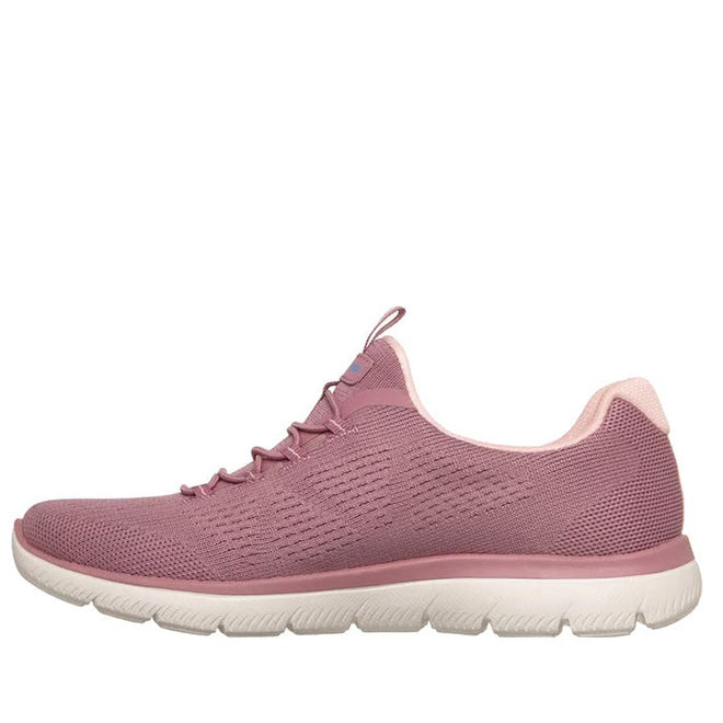 The Skechers Womens Summits Bungee Slip On Trainer - Radiant Flow Dark Rose is a pink mesh low-cut sneaker with light pink lining, a white sole, and a memory foam insole for comfort, shown from the side on a white background., 50182, 50183, 199025685801, 50185, 199025685825, 50187, 199025685849, 50189, 50190, 50191