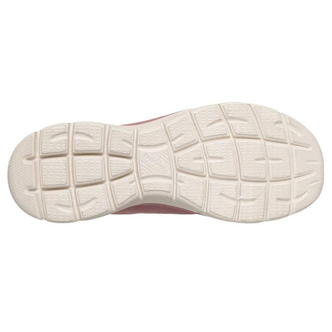The image displays the clean, white textured sole of the Skechers Womens Summits Bungee Slip On Trainer - Radiant Flow Dark Rose, featuring a grid-like tread and rounded edges for grip and flexibility., 50182, 50183, 199025685801, 50185, 199025685825, 50187, 199025685849, 50189, 50190, 50191