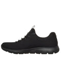 The Skechers Womens Summits Bungee Slip On Trainer - Radiant Flow Black is a black athletic sneaker with a mesh upper, bungee laces, thick textured rubber sole, and memory foam insole for comfort. Shown in side profile on a white background., 50202, 50203, 199025281751, 50205, 199025281775, 50207, 199025281799, 50209, 199025281812, 50211